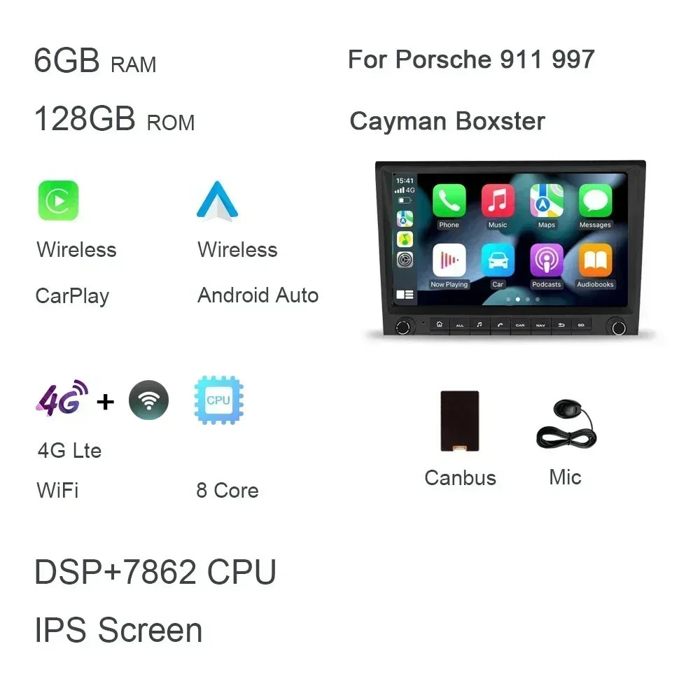 720P 8" 2 din Android 14.0 Car DVD player 8 Core 256GB ROM DSP multimedia GPS autoradio For Porsche 987 911 997 Cayman Boxster