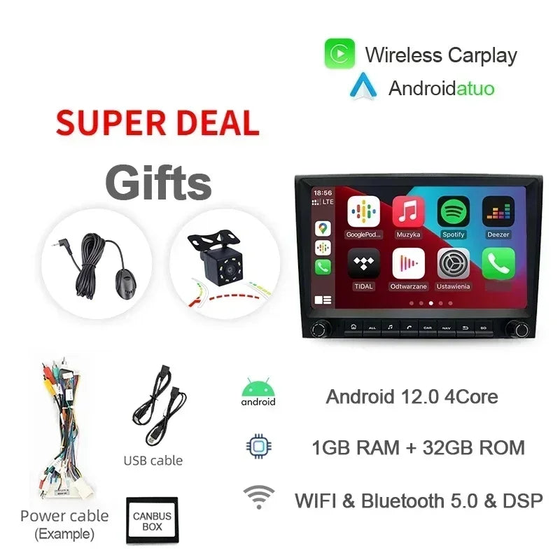 8G 256GB 7" Auto Android 12 Car Radio GPS Player Carplay Navi Bluetooth Wifi For Porsche 911 996 986 Boxster Carrera 1998-2006