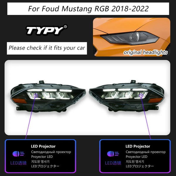 TYPY Car Lights For Ford Mustang RGB 2018-2022 Headlight LED Projetor head Lamp Daytime Running Light Automotive Accessories
