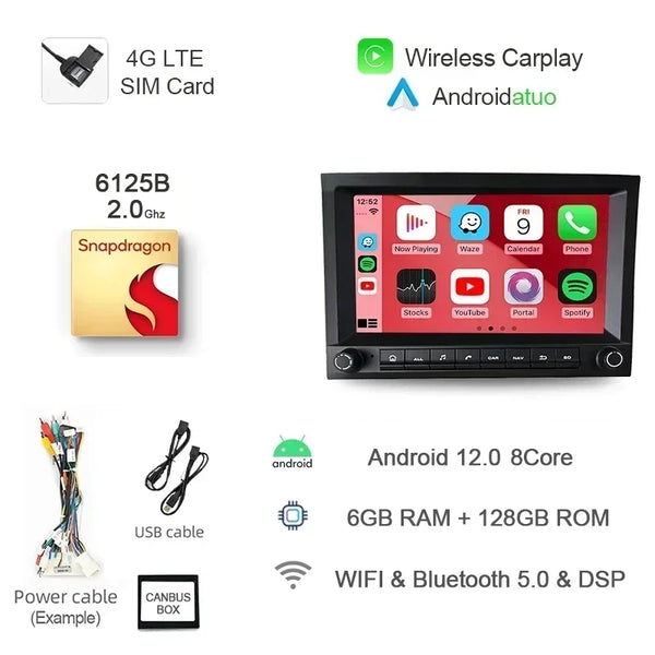 8G 256GB 7" Auto Android 12 Car Radio GPS Player Carplay Navi Bluetooth Wifi For Porsche 911 996 986 Boxster Carrera 1998-2006