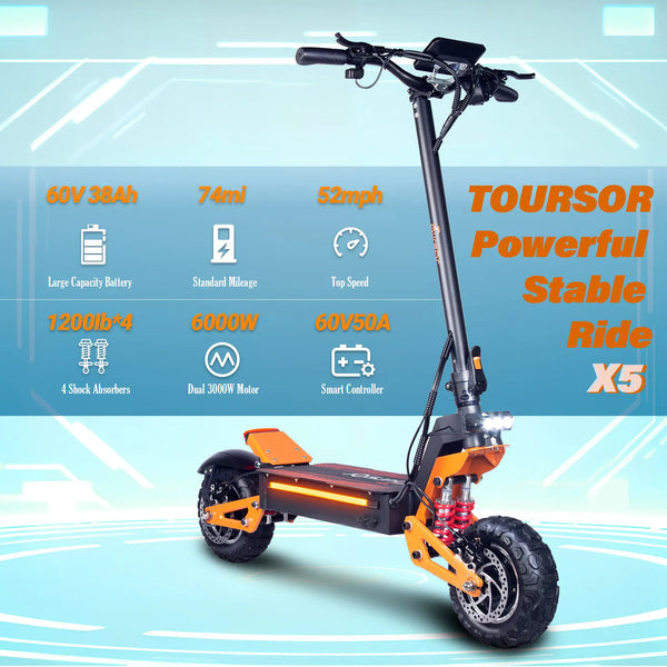 TOURSOR X5 adult electric scooter 3000W*2 motor 60V 38AH Folding electric scooter 11-inch tires Urban road electric scooter