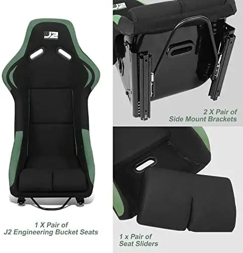 Pair Of Universal Fiberglass Black Green Suede Bucket Racing Seat Come With Double Slider1022