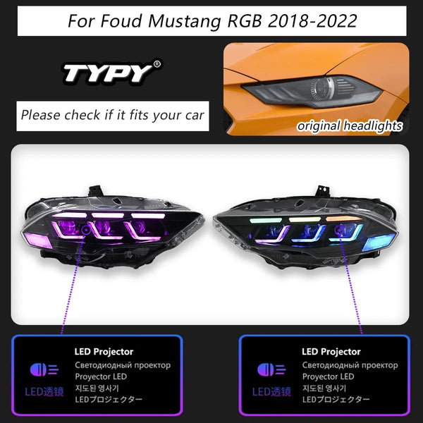 TYPY Car Lights For Ford Mustang RGB 2018-2022 Headlight LED Projetor head Lamp Daytime Running Light Automotive Accessories