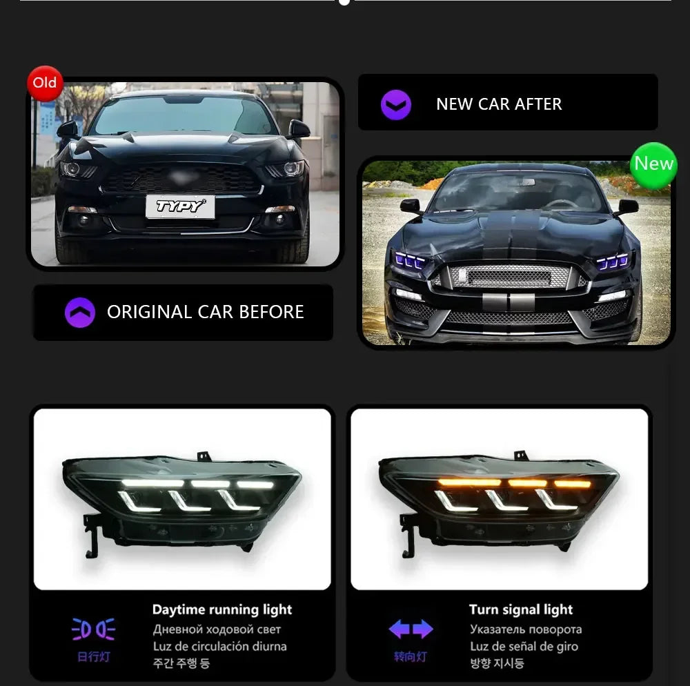 TYPY Car Headlights For Ford Mustang RGB Headlight 2015-2017 Upgrade Modified Dynamic Turn Signal Lamp Brake DRL Car Accessories