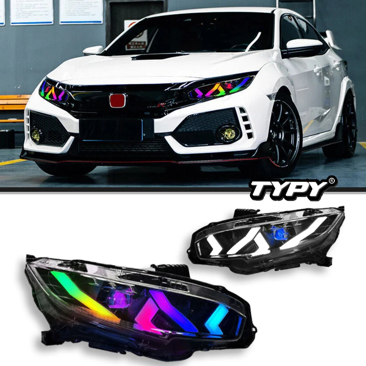 TYPY Car Front Lamp For Honda Civic Headlight RGB LED Projector Headlamp Assembly 2016-2021 Turn Signals Daytime Running Lights