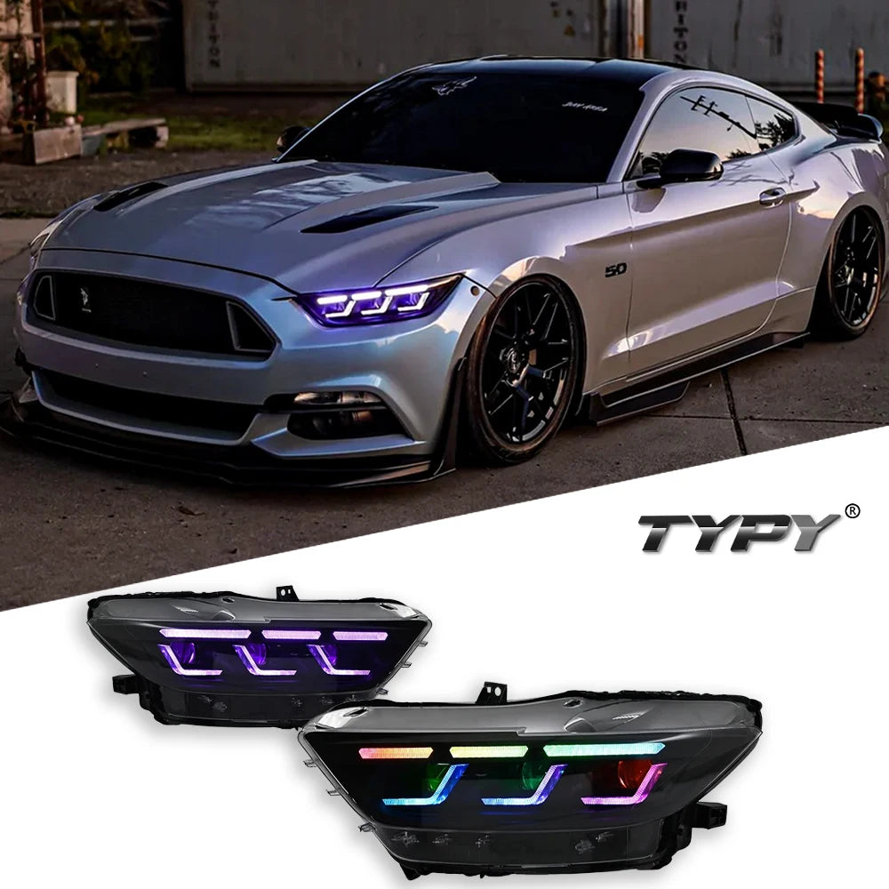 TYPY Car Headlights For Ford Mustang RGB Headlight 2015-2017 Upgrade Modified Dynamic Turn Signal Lamp Brake DRL Car Accessories