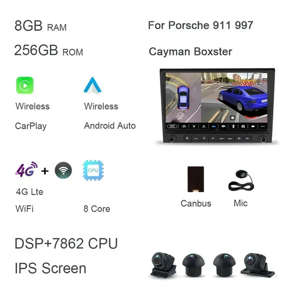 720P 8" 2 din Android 14.0 Car DVD player 8 Core 256GB ROM DSP multimedia GPS autoradio For Porsche 987 911 997 Cayman Boxster