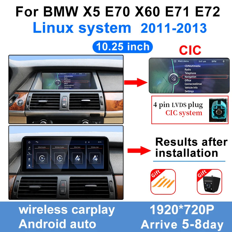 Linux 10.25" Touch Screen Display 1920*720 For BMW X5 E70 X6 E71 CCC CIC Wireless Carplay Android Auto Car Multimedia Player BT