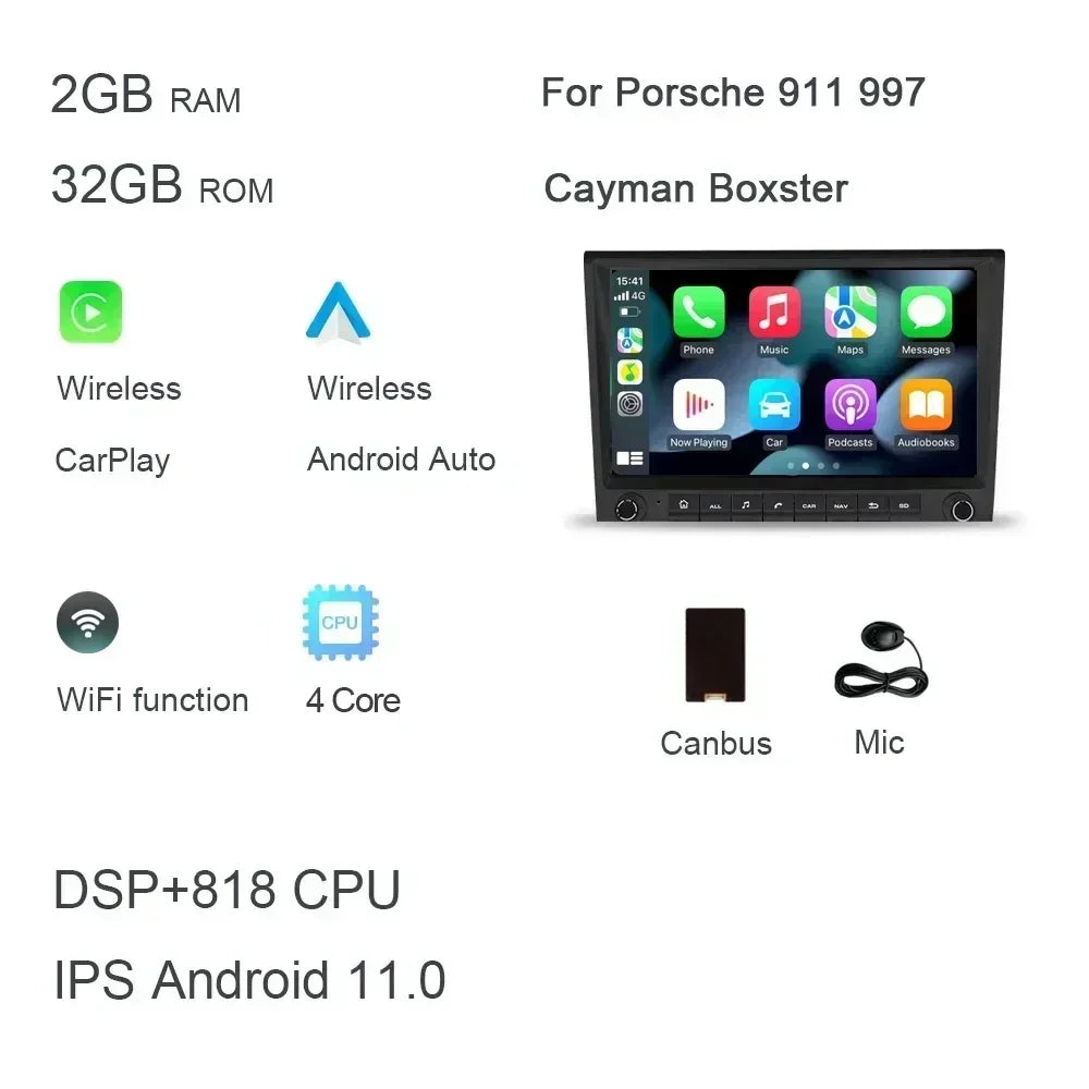 720P 8" 2 din Android 14.0 Car DVD player 8 Core 256GB ROM DSP multimedia GPS autoradio For Porsche 987 911 997 Cayman Boxster
