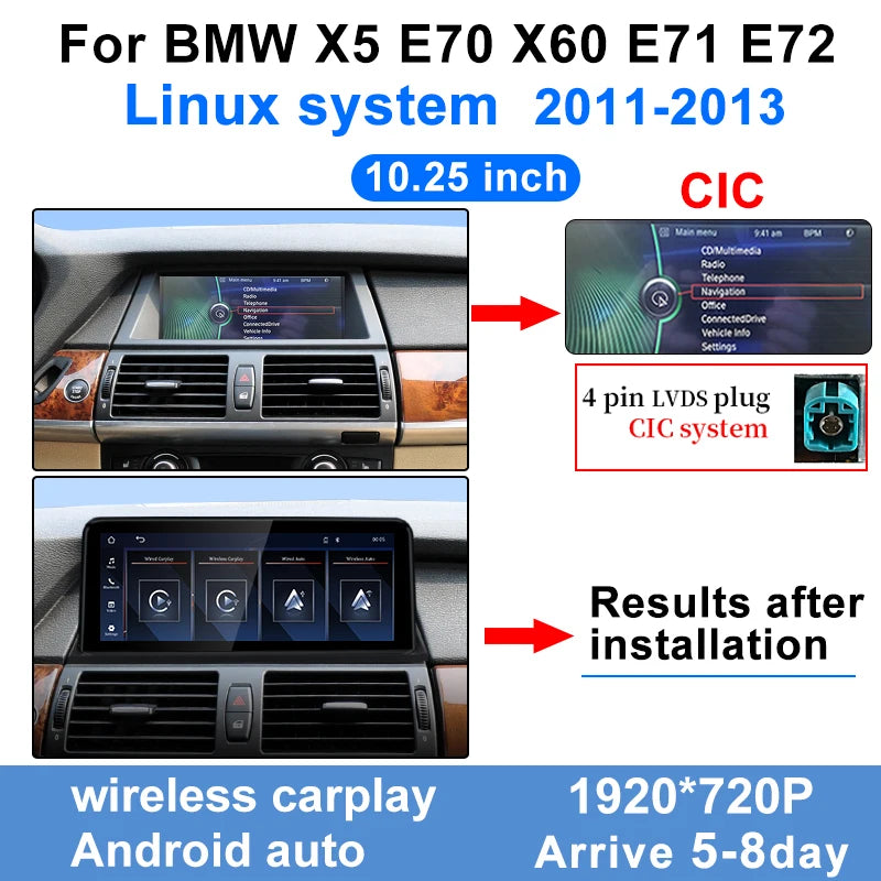 Linux 10.25" Touch Screen Display 1920*720 For BMW X5 E70 X6 E71 CCC CIC Wireless Carplay Android Auto Car Multimedia Player BT