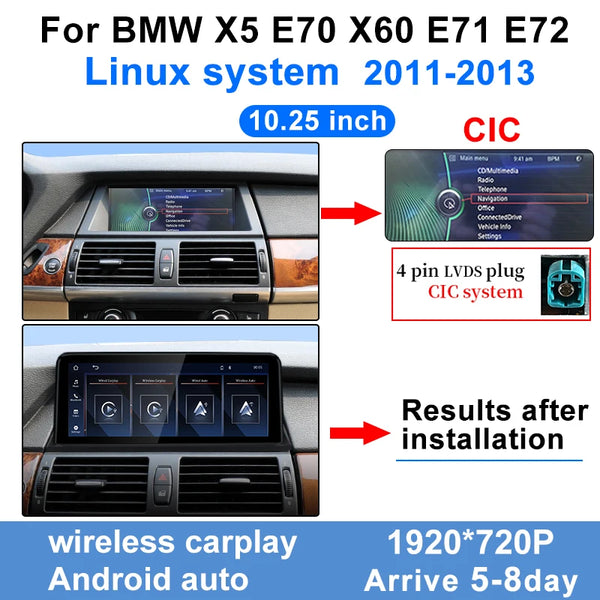 Linux 10.25" Touch Screen Display 1920*720 For BMW X5 E70 X6 E71 CCC CIC Wireless Carplay Android Auto Car Multimedia Player BT