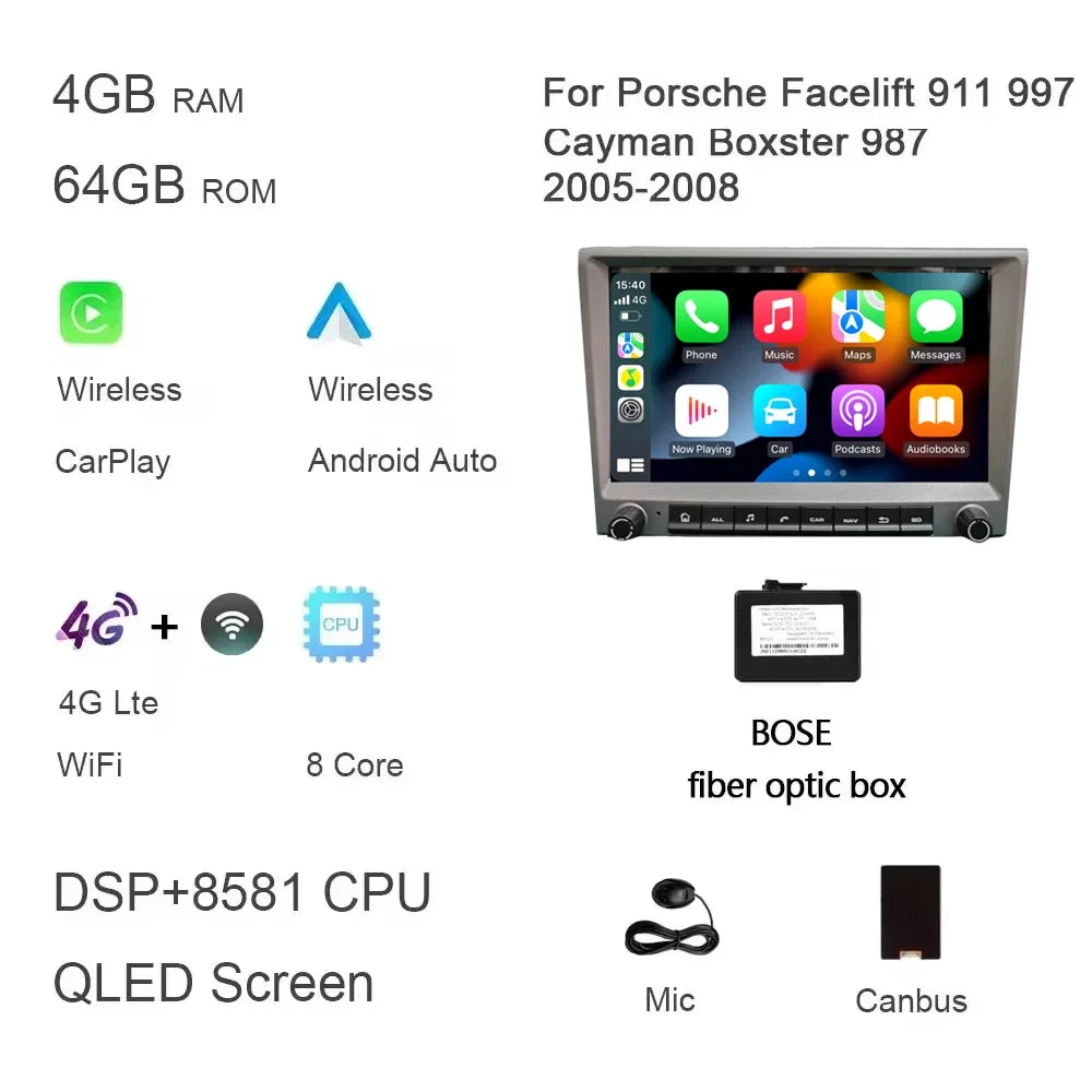 Grey 720P CarPlay 8" Android 14.0 Car DVD player 8 Core 4GB DSP multimedia GPS autoradio For Porsche 911 997 987 Cayman Boxster