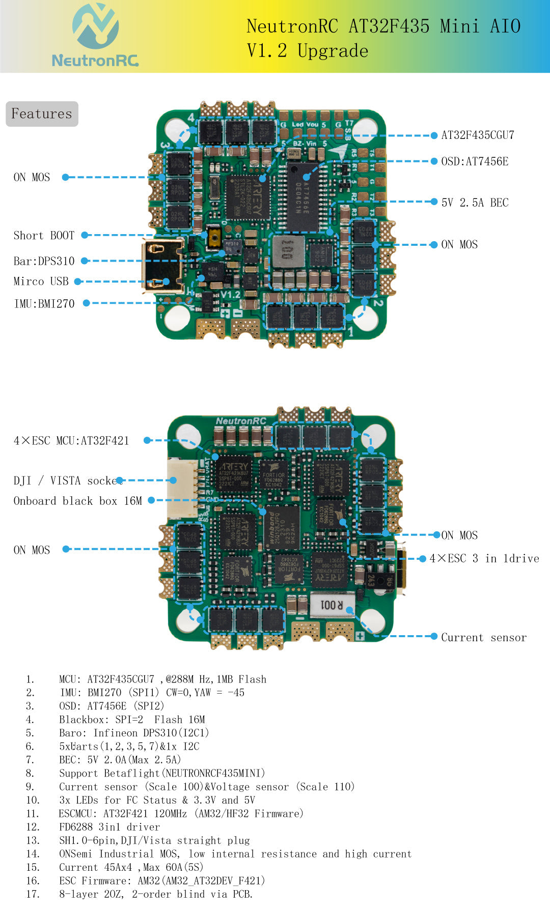 NeutronRC AT32F435 Mini AIO Flight Controller