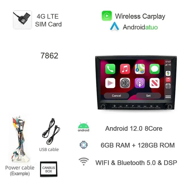 8G 256GB 7" Auto Android 12 Car Radio GPS Player Carplay Navi Bluetooth Wifi For Porsche 911 996 986 Boxster Carrera 1998-2006