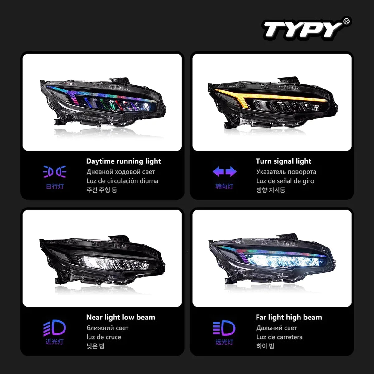 TYPY New LED Head Lamp Upgrade Modified For Honda Civic 10th RGB Headlight 2016-2021 Dynamic Signal Head Lamp Auto Accessories