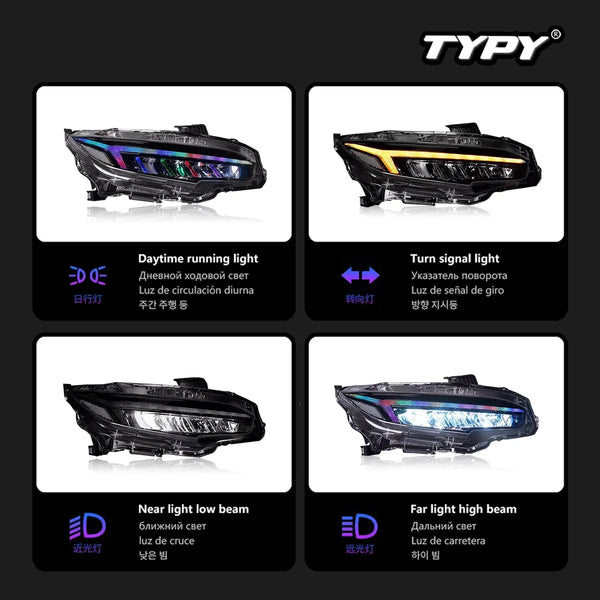 TYPY New LED Head Lamp Upgrade Modified For Honda Civic 10th RGB Headlight 2016-2021 Dynamic Signal Head Lamp Auto Accessories