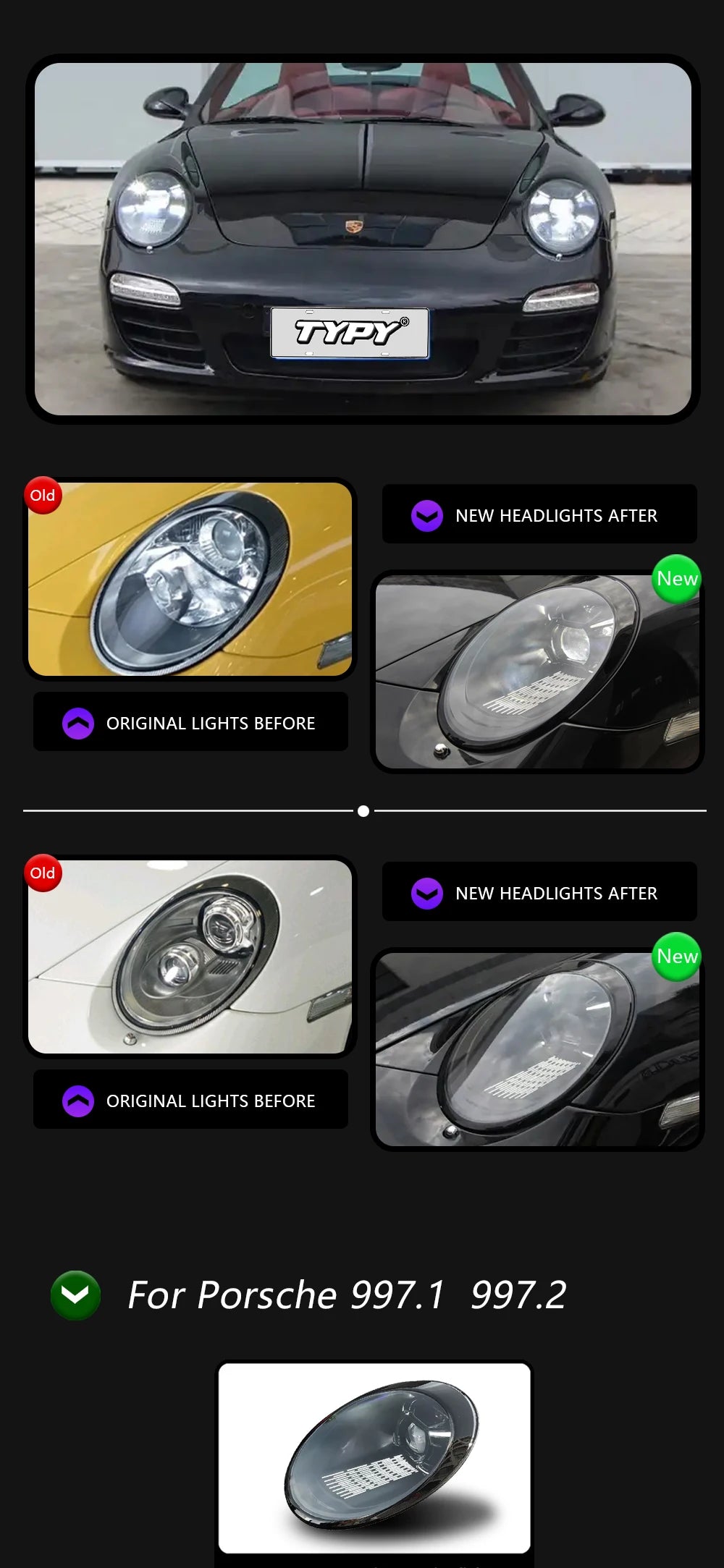 TYPY LED DRL Lightbar Projector Headlights Porsche 911 997 Headlight 997.1 997.2 Full LED Laser Matrix Headlamps Projector Front Lamp DRL Plug Play LHD / RHD