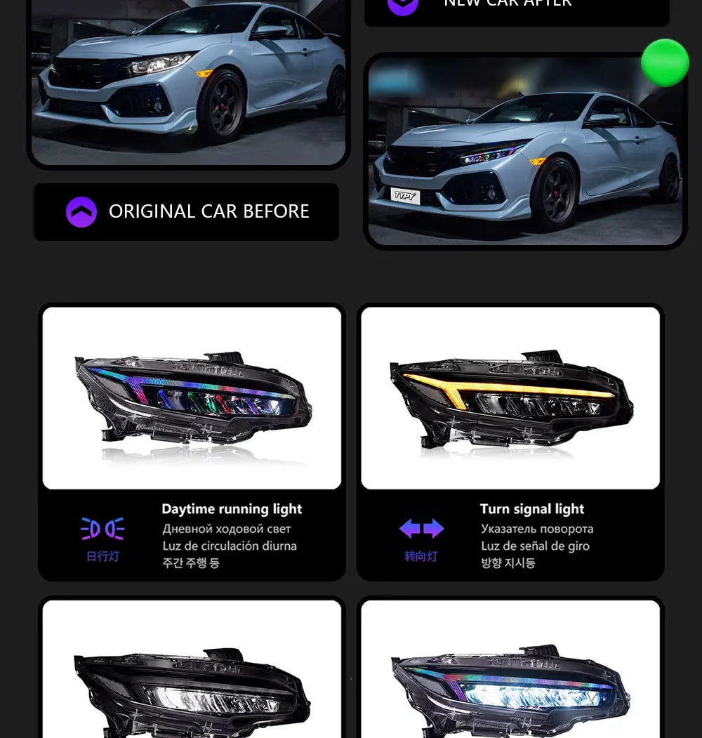 TYPY New LED Head Lamp Upgrade Modified For Honda Civic 10th RGB Headlight 2016-2021 Dynamic Signal Head Lamp Auto Accessories