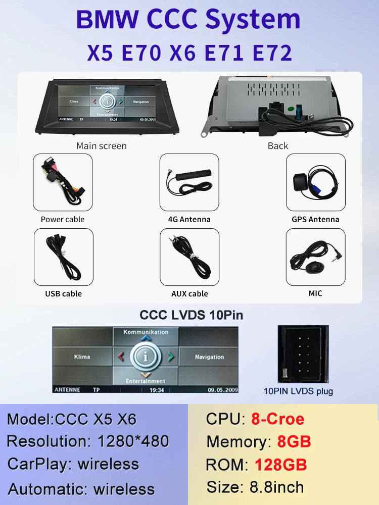 2025 New 8.8inch Car Multimedia Players For BMW E70 E71 Wireless CarPlay Android AUTO ID6 ID7 ID8 GPS Navigation Bluetooth Music