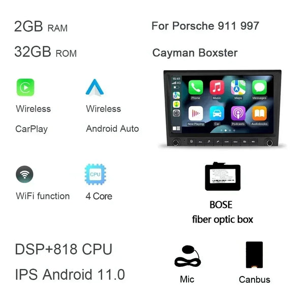 720P 8" 2 din Android 14.0 Car DVD player 8 Core 256GB ROM DSP multimedia GPS autoradio For Porsche 987 911 997 Cayman Boxster