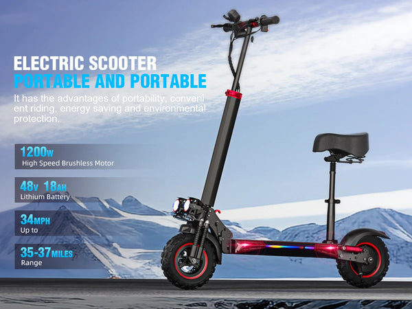 1200W Electric Scooter with Seat for Adult, Max Speed 34mph, 35miles Range, 11'' Off-road Tires, Fast E-scooter for Commuting