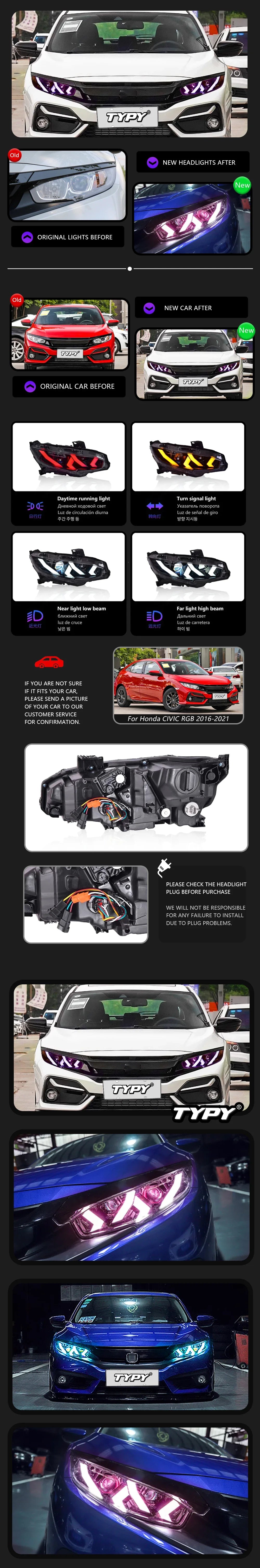 TYPY Car Front Lamp For Honda Civic Headlight RGB LED Projector Headlamp Assembly 2016-2021 Turn Signals Daytime Running Lights