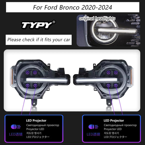 TYPY Car Headlights For Ford Bronco 2020-2024 LED Car Lamps Daytime Running Lights Dynamic Turn Signals Car Accessories