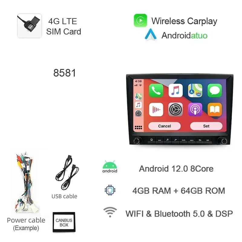 8G 256GB 7" Auto Android 12 Car Radio GPS Player Carplay Navi Bluetooth Wifi For Porsche 911 996 986 Boxster Carrera 1998-2006