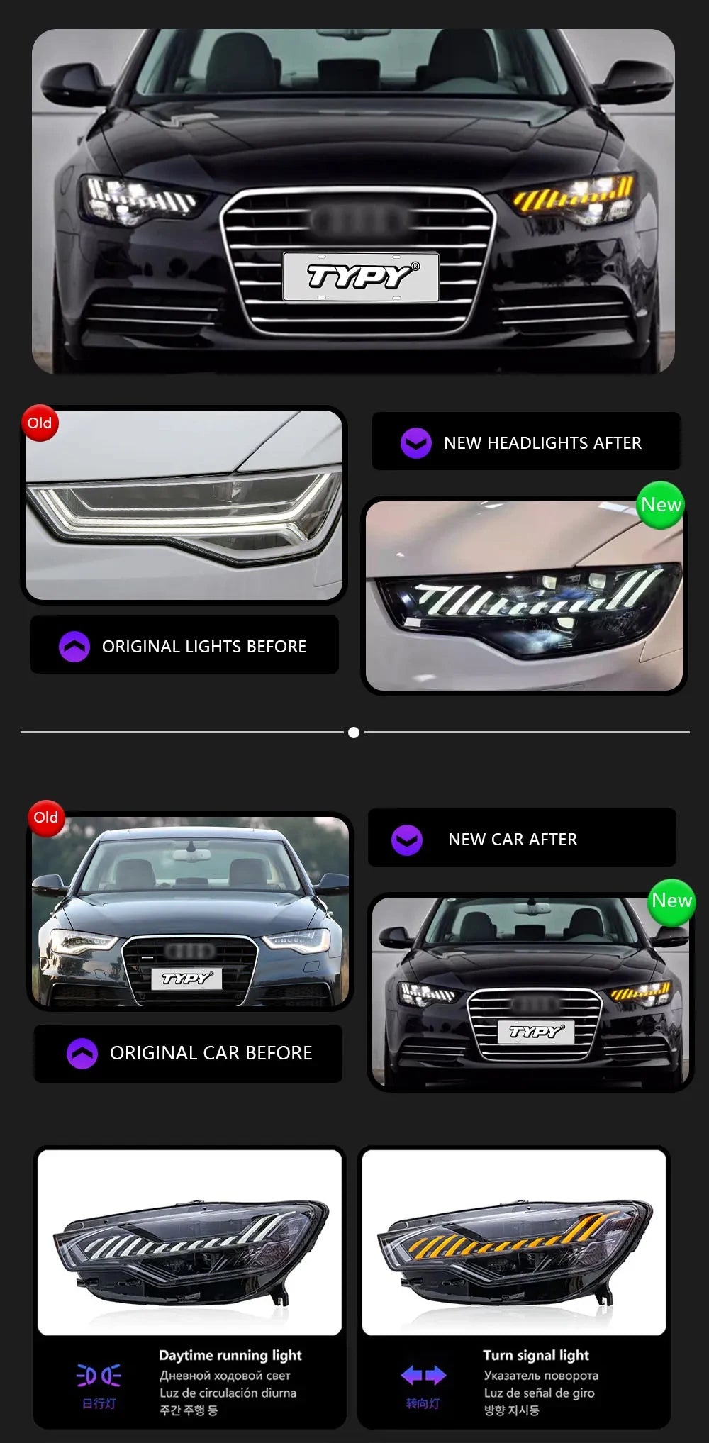 TYPY LED DRL Lightbar Projector Headlights A6 Headlights 2012-2015 A6L LHD