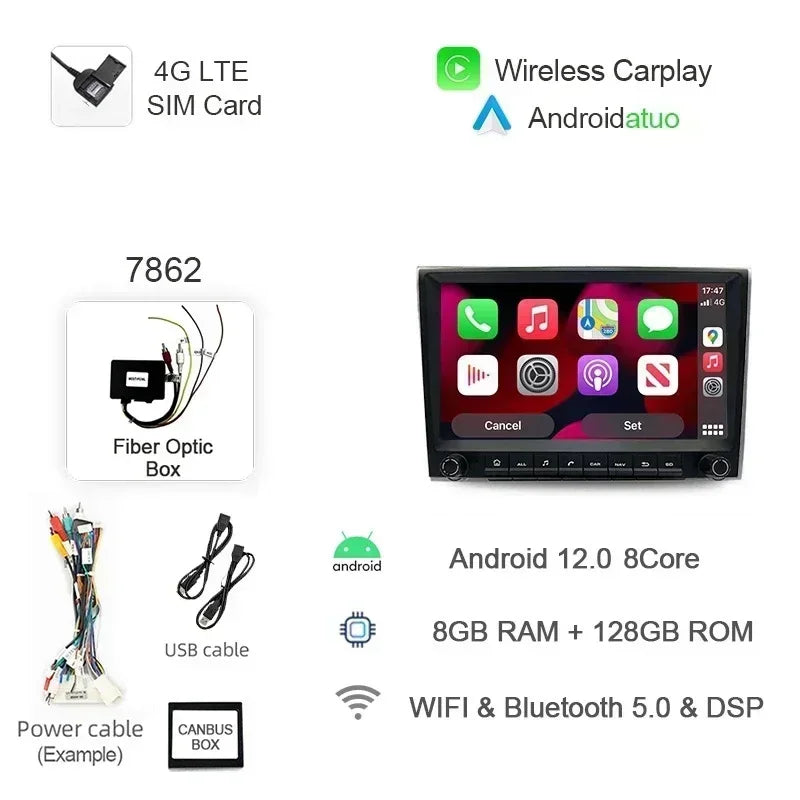 8G 256GB 7" Auto Android 12 Car Radio GPS Player Carplay Navi Bluetooth Wifi For Porsche 911 996 986 Boxster Carrera 1998-2006