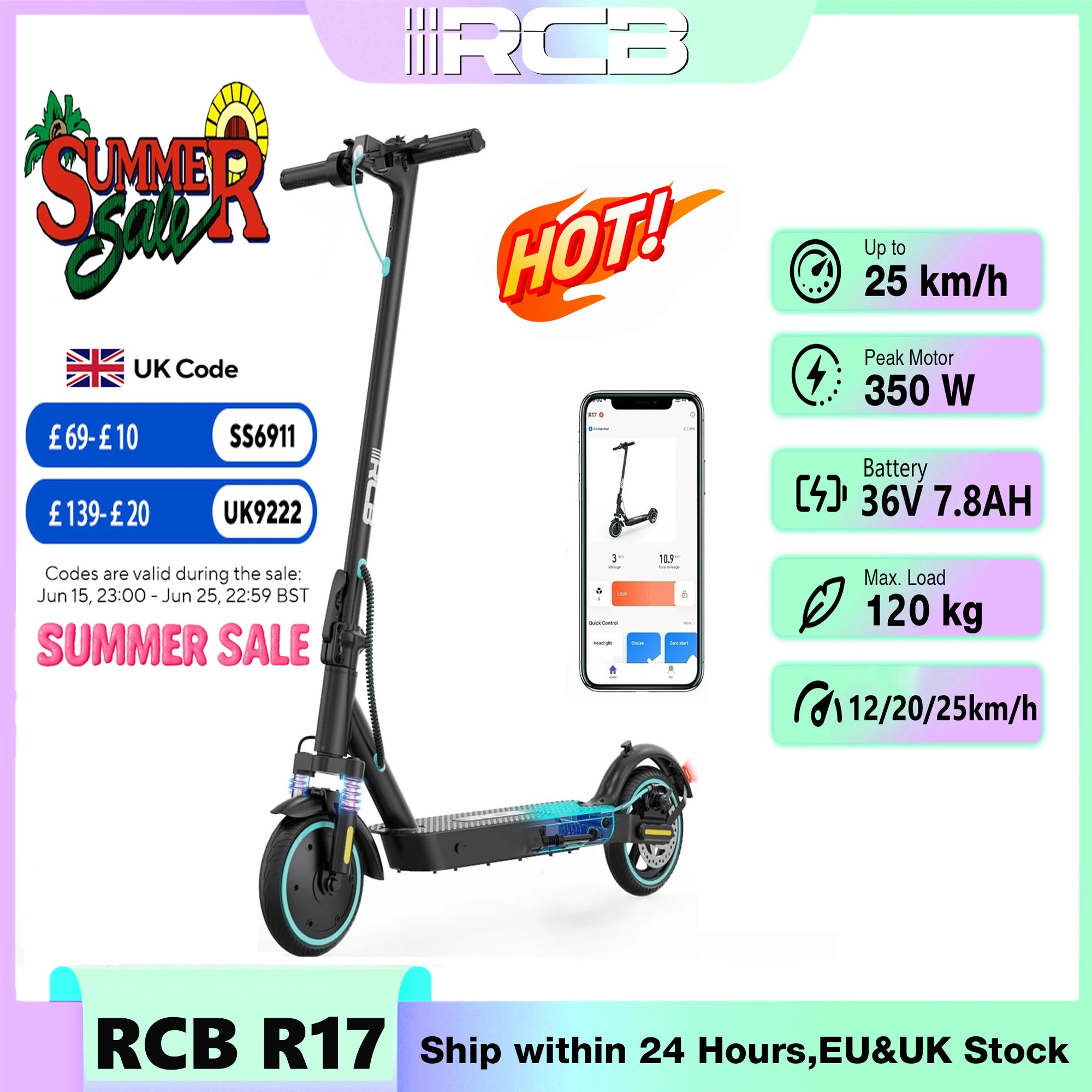 RCB R17 Electric Scooter, 350W Motor, Speed up to 25 km/h, 30 km of autonomy, 8.5" Solid Tire, Maximum Load 120 kg, Dual Braking