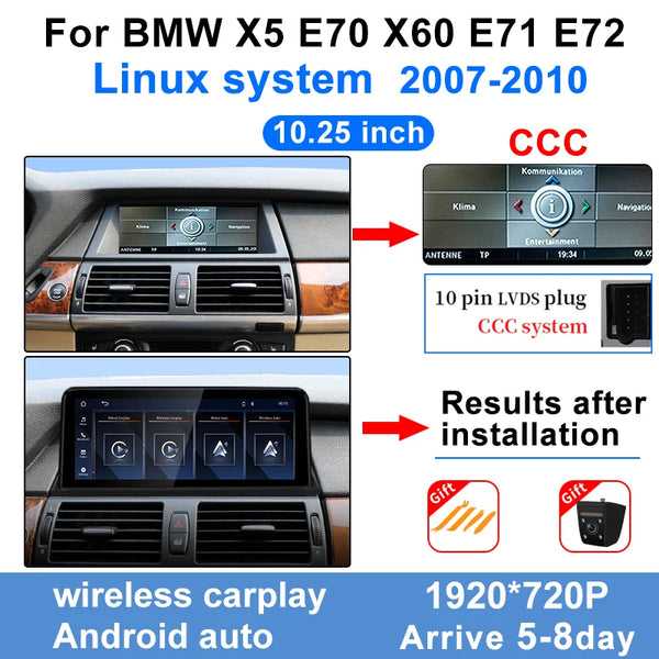 Linux 10.25" Touch Screen Display 1920*720 For BMW X5 E70 X6 E71 CCC CIC Wireless Carplay Android Auto Car Multimedia Player BT