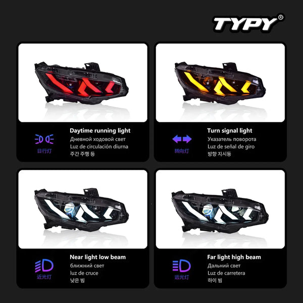 TYPY Car Front Lamp For Honda Civic Headlight RGB LED Projector Headlamp Assembly 2016-2021 Turn Signals Daytime Running Lights