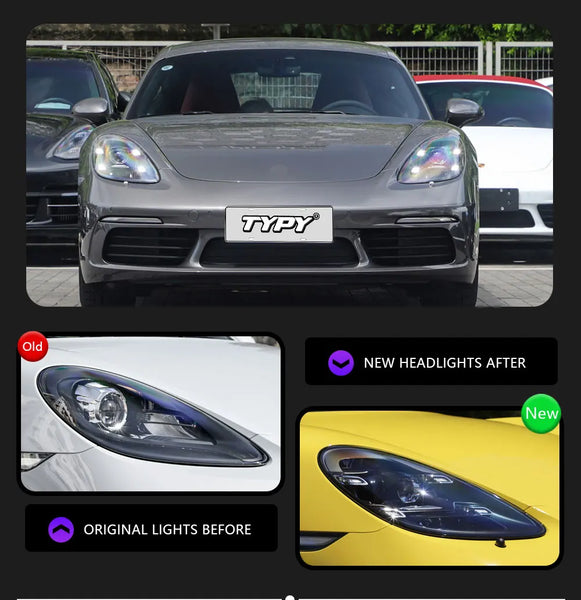 TYPY LED DRL Lightbar Projector Headlights Porsche 718 Cayman Boxster 2016-2023 Upgrade New Style LED PLDS Lasers Head Lamps 2 PCS Plug and Play - NOT Factory OE AFS - LHD & RHD Available