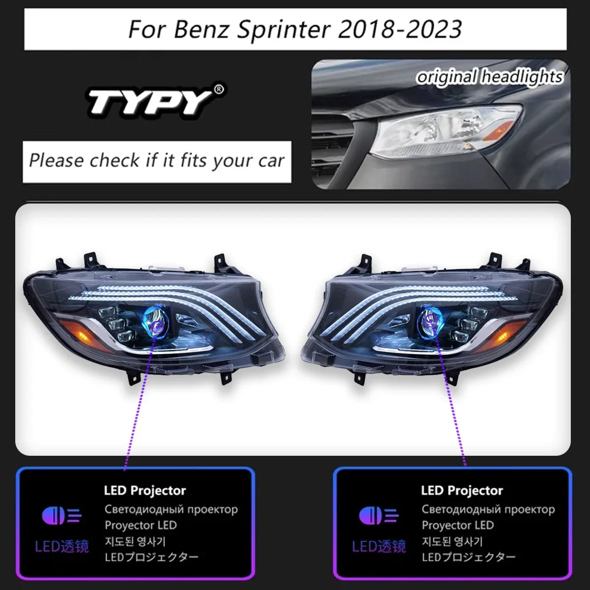 TYPY Car Lights For Benz Sprinter Headlights 2018-2023 LED Projetor head Lamp Daytime Running Light Automotive Accessories