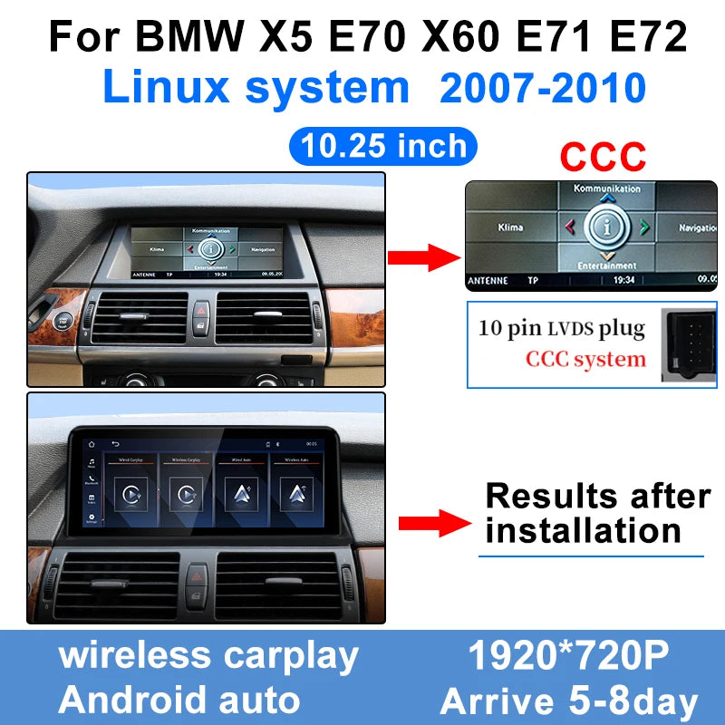 Linux 10.25" Touch Screen Display 1920*720 For BMW X5 E70 X6 E71 CCC CIC Wireless Carplay Android Auto Car Multimedia Player BT
