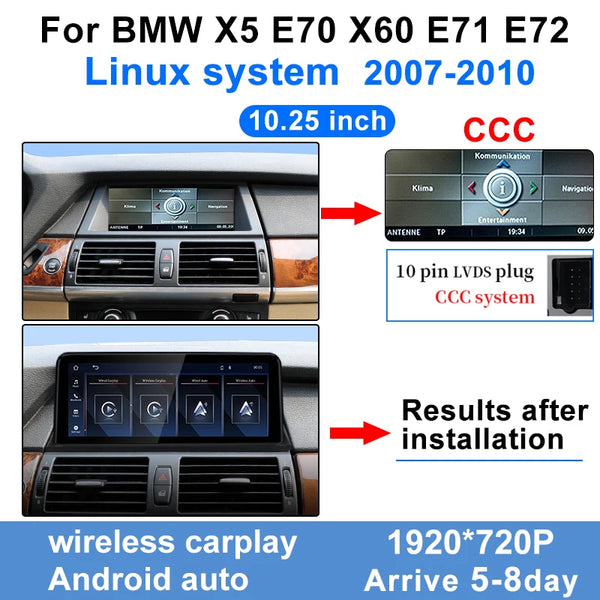 Linux 10.25" Touch Screen Display 1920*720 For BMW X5 E70 X6 E71 CCC CIC Wireless Carplay Android Auto Car Multimedia Player BT