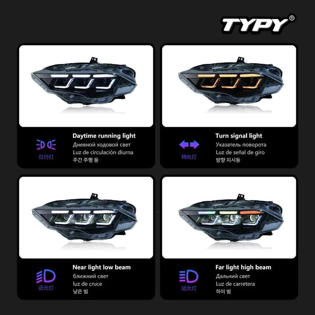 TYPY Car Lights For Ford Mustang RGB 2018-2022 Headlight LED Projetor head Lamp Daytime Running Light Automotive Accessories