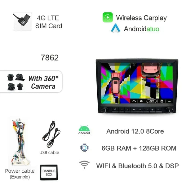 8G 256GB 7" Auto Android 12 Car Radio GPS Player Carplay Navi Bluetooth Wifi For Porsche 911 996 986 Boxster Carrera 1998-2006