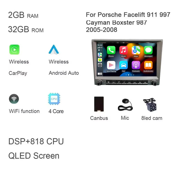 Grey 720P CarPlay 8" Android 14.0 Car DVD player 8 Core 4GB DSP multimedia GPS autoradio For Porsche 911 997 987 Cayman Boxster