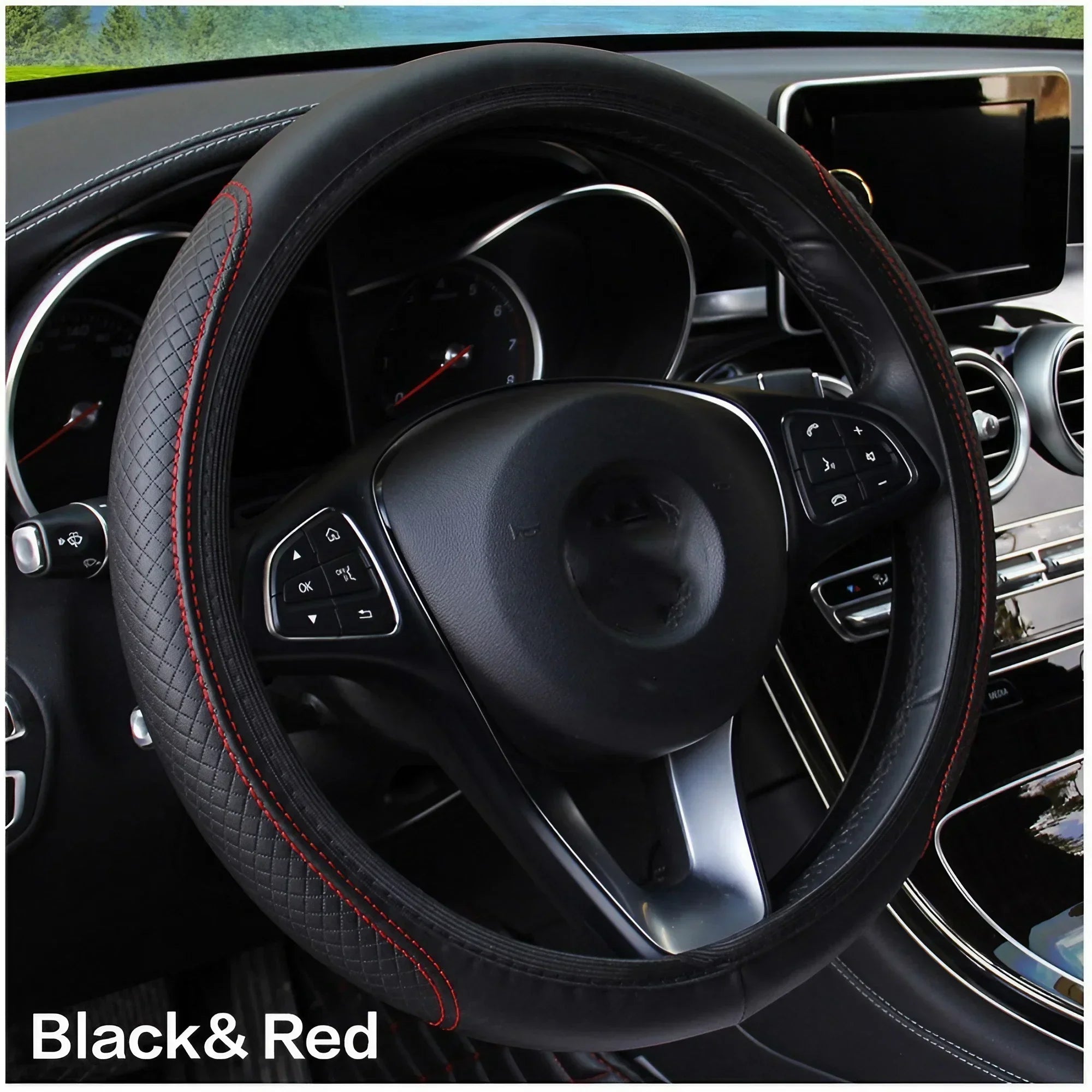 Breathable PU Leather Anti-Slip Universal Car Steering Wheel Cover, Interior Decoration Accessories
