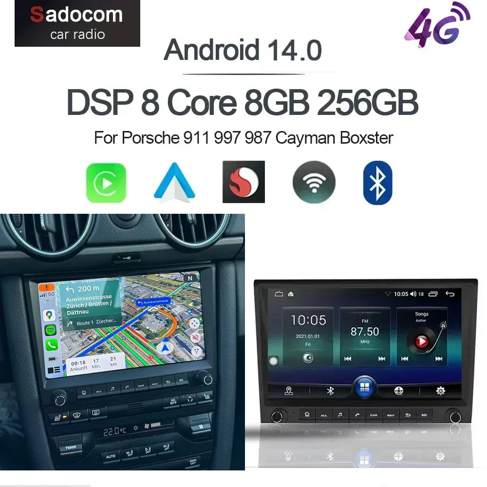 720P 8" 2 din Android 14.0 Car DVD player 8 Core 256GB ROM DSP multimedia GPS autoradio For Porsche 987 911 997 Cayman Boxster