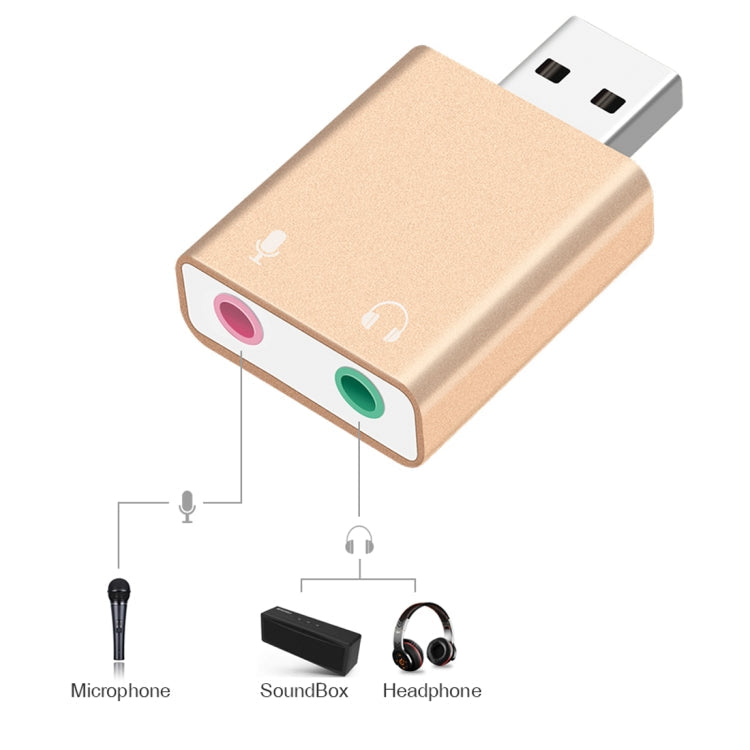 Aluminum Shell 3.5mm Jack External USB Sound Card HIFI Magic Voice 7.1 Channel Adapter Free Drive for Computer, Desktop, Speakers, Headset, Microphone, Aluminum 7.1 Channel Gold