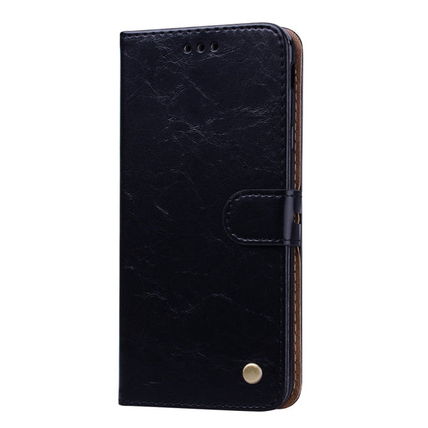 Business Style Oil Wax Texture Horizontal Flip Leather Case for Galaxy J4+, with Holder & Card Slots & Wallet