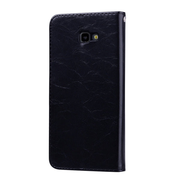 Business Style Oil Wax Texture Horizontal Flip Leather Case for Galaxy J4+, with Holder & Card Slots & Wallet