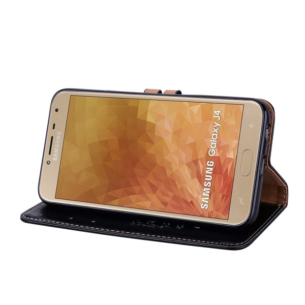 Business Style Oil Wax Texture Horizontal Flip Leather Case for Galaxy J4 (EU Version) (2018), with Holder & Card Slots & Wallet