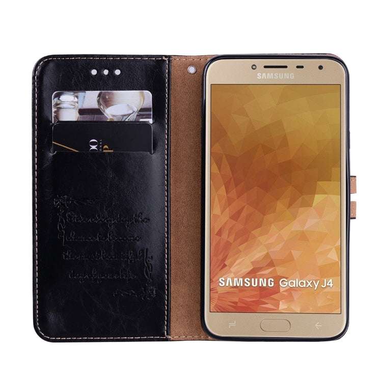 Business Style Oil Wax Texture Horizontal Flip Leather Case for Galaxy J4 (EU Version) (2018), with Holder & Card Slots & Wallet