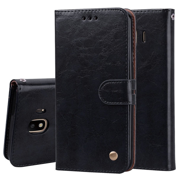 Business Style Oil Wax Texture Horizontal Flip Leather Case for Galaxy J4 (EU Version) (2018), with Holder & Card Slots & Wallet