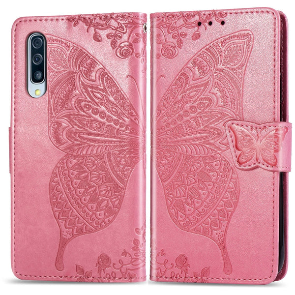 Butterfly Love Flowers Embossing Horizontal Flip Leather Case for Galaxy A70, with Holder & Card Slots & Wallet & Lanyard