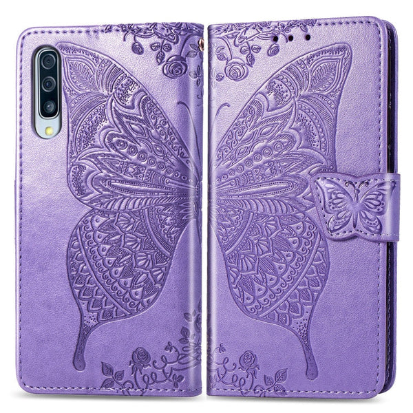 Butterfly Love Flowers Embossing Horizontal Flip Leather Case for Galaxy A70, with Holder & Card Slots & Wallet & Lanyard